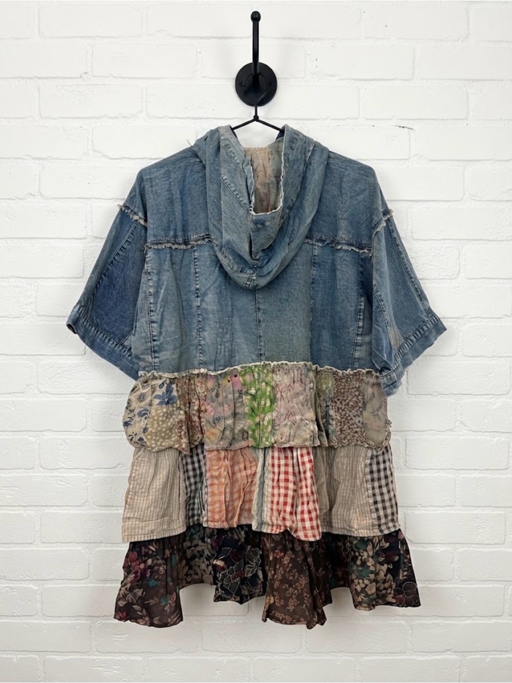 Young Threads NWT Denim Hooded Boho Shirt with Mixed Patchwork Ruffles Size L - Picture 7 of 13